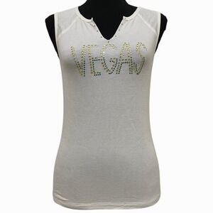 Vintage Bebe Ribbed Tank Top Rhinestone Vegas White Y2K NWT USA Made McBling L